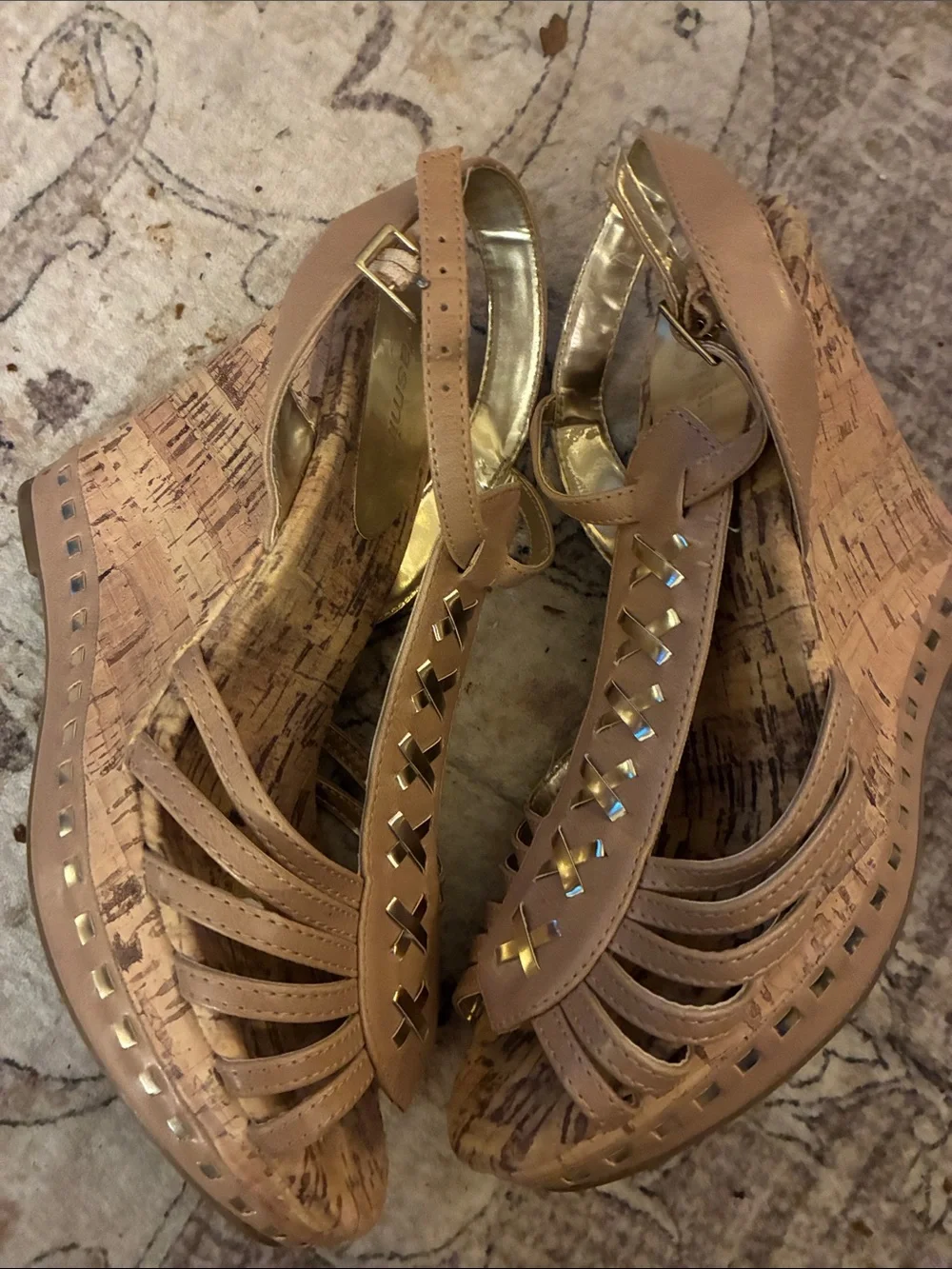 Jasmin Tan Strappy Cork Wedge Sandals with Gold Accents
